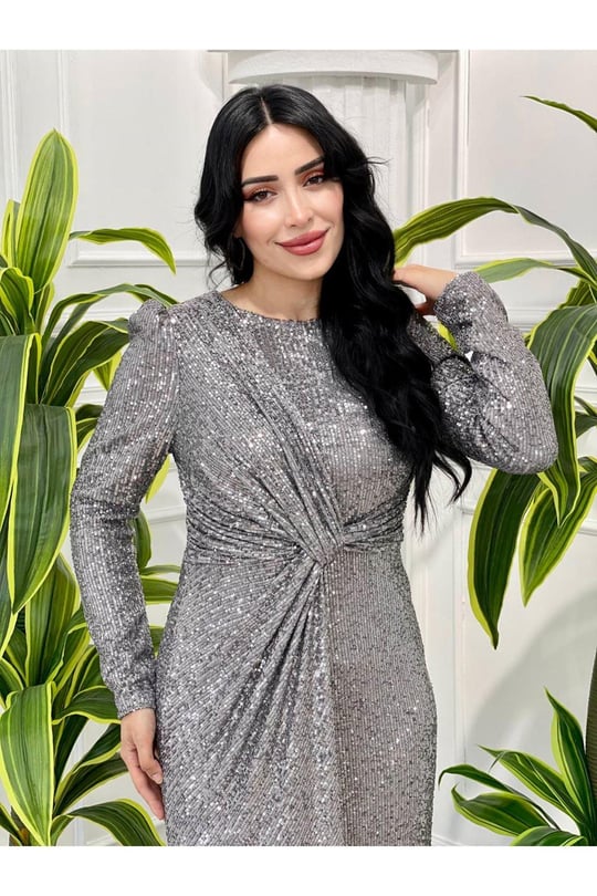 Bel Düğüm Payet Elbise 4083-Gri