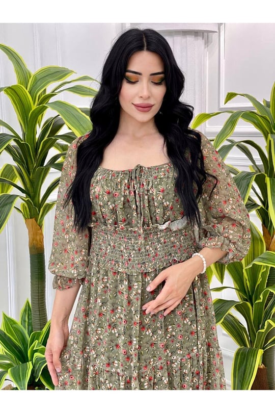 Bel Gipeli  Şifon Elbise 5160-Haki