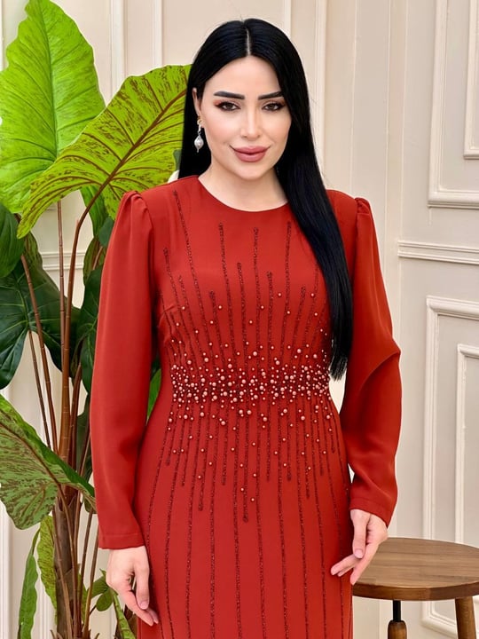 Bel İnci İşleme Krep Elbise 2101 e025 Kiremit