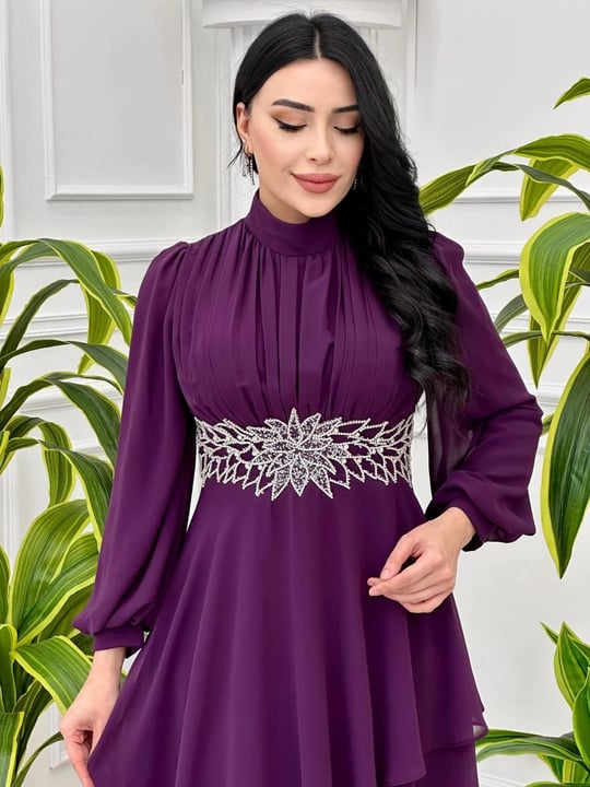 Bel İşleme Kat Kat Şifon Elbise 4521 T-24 Mor