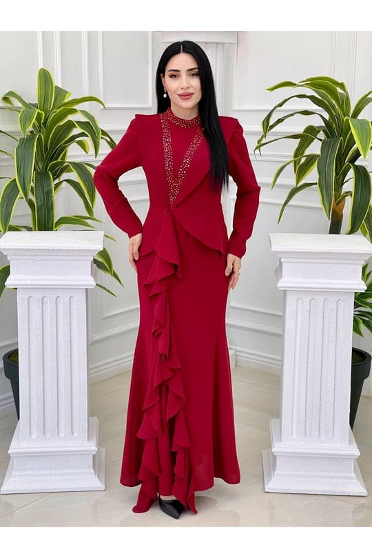 Bel Kapak Volanlı Elbise 3761-Kırmızı