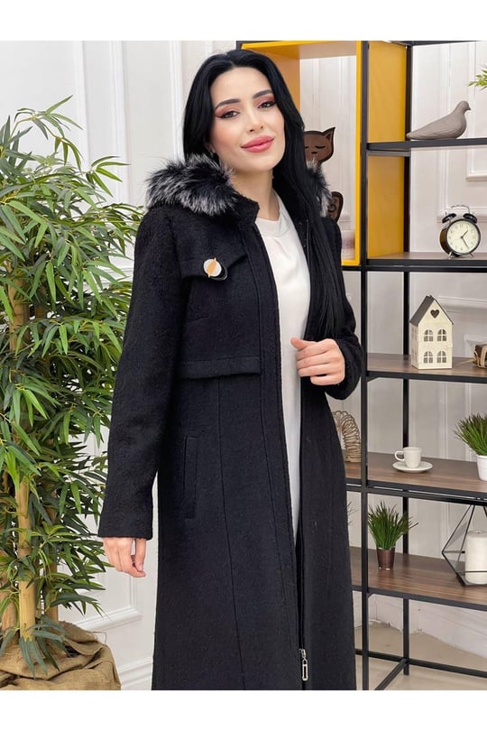 Bel Kapaklı Kapişonlu Kaban 7110-Siyah