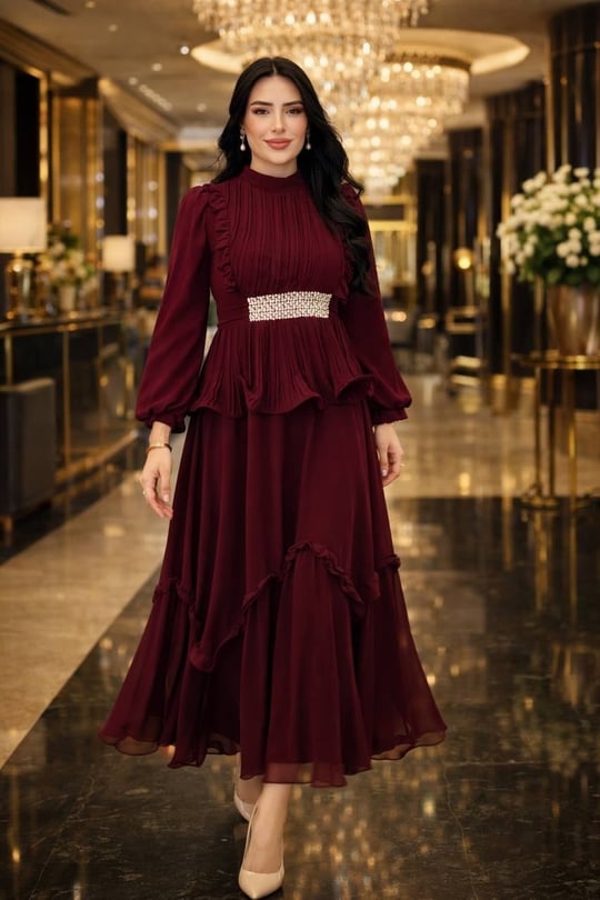 Bel Taş İşleme Fişon Elbise 4881 T-26 Bordo