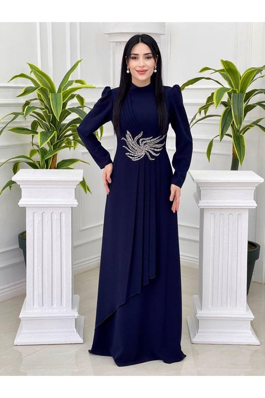 Bel Taşlı Pileli Elbise 1050-Lacivert