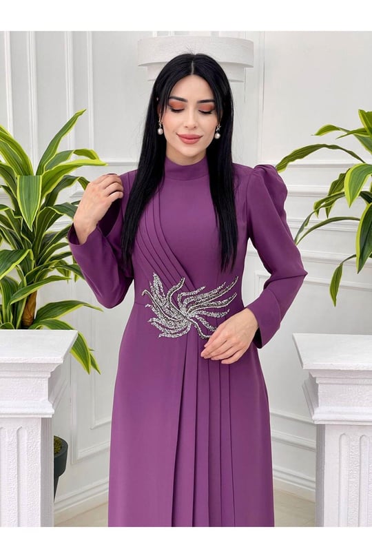 Bel Taşlı Pileli Elbise 1050-Leylak