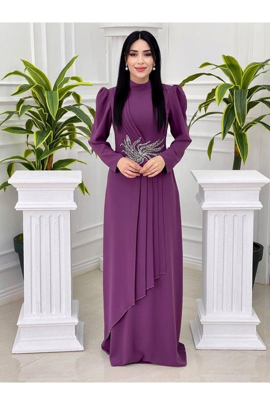 Bel Taşlı Pileli Elbise 1050-Leylak