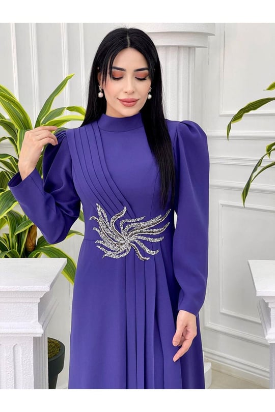 Bel Taşlı Pileli Elbise 1050-Morcivert