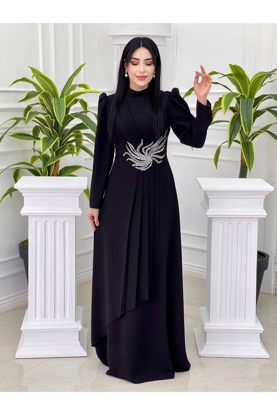 Bel Taşlı Pileli Elbise 1050-Siyah