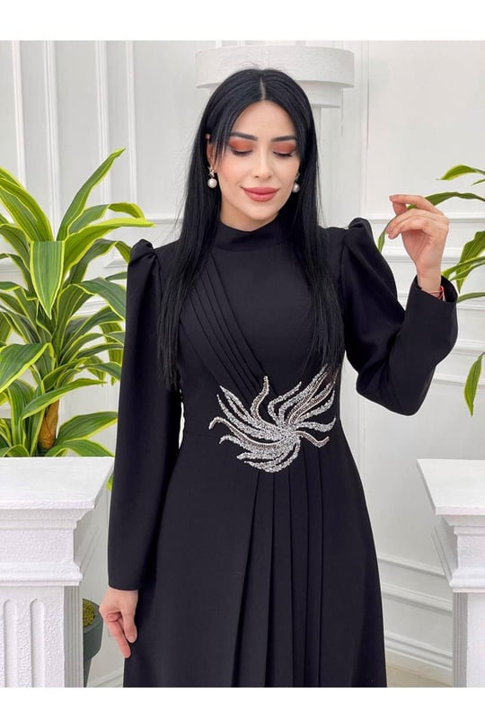 Bel Taşlı Pileli Elbise 1050-Siyah