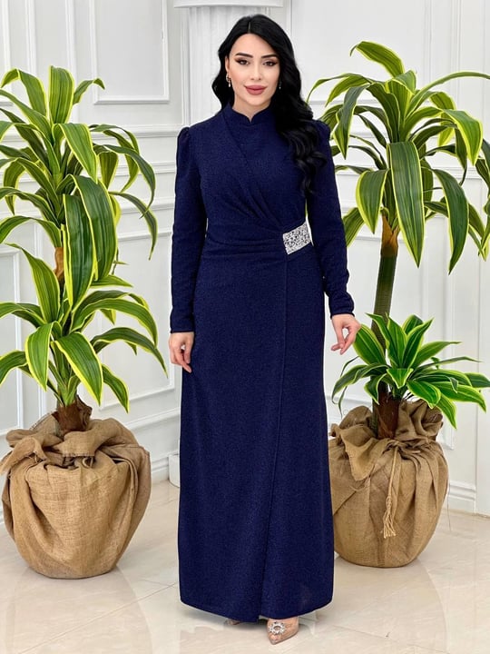 Bel Taşlı Simli Elbise 24y22 T-24 Lacivert