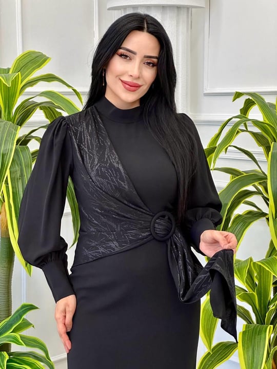 Bel Toka Detay Krep Elbise 12513 t-24 Siyah