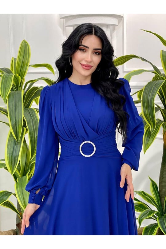 Bel Tokalı Şifon Elbise 12382-Saks