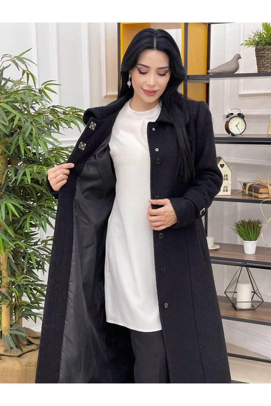 Beli Apoletli Kaşe Kaban 7113-Siyah