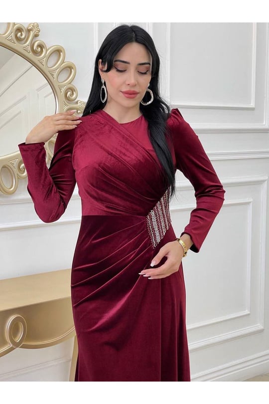 Beli İnci Drapeli Elbise 3689-Bordo