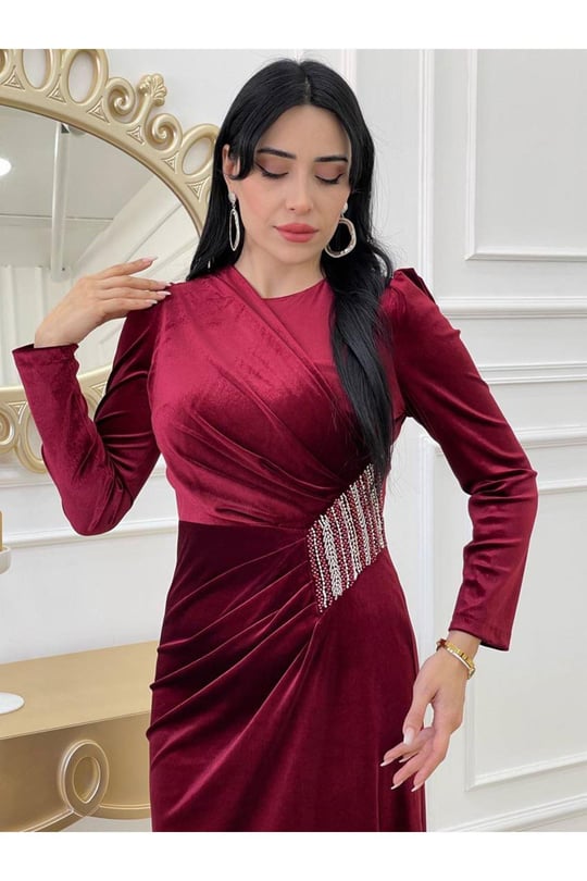 Beli İnci Drapeli Elbise 3689-Bordo