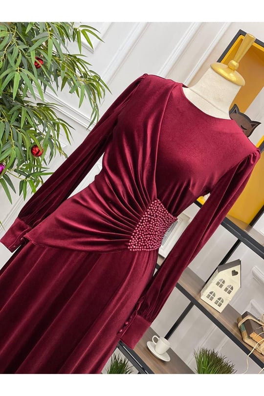 Beli İncili Kadife Elbise 3718-Bordo