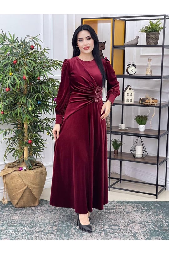 Beli İncili Kadife Elbise 3718-Bordo