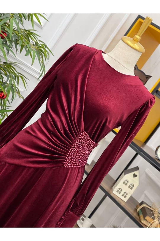 Beli İncili Kadife Elbise 3718-Bordo