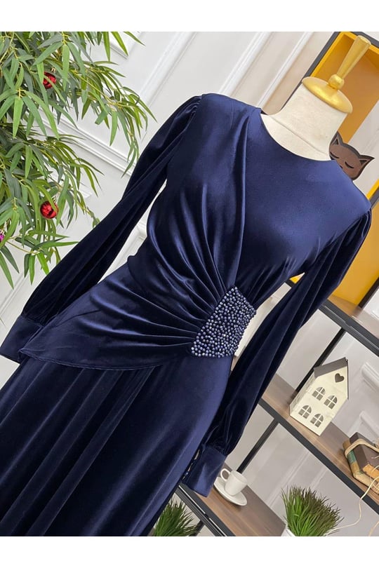 Beli İncili Kadife Elbise 3718-Lacivert