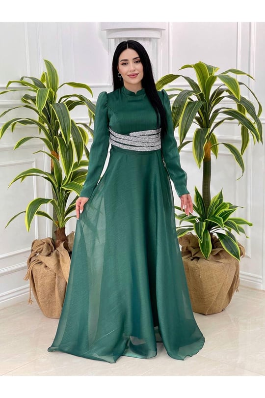 Beli Taşlı Jan Jan Elbise 3812-Yeşil