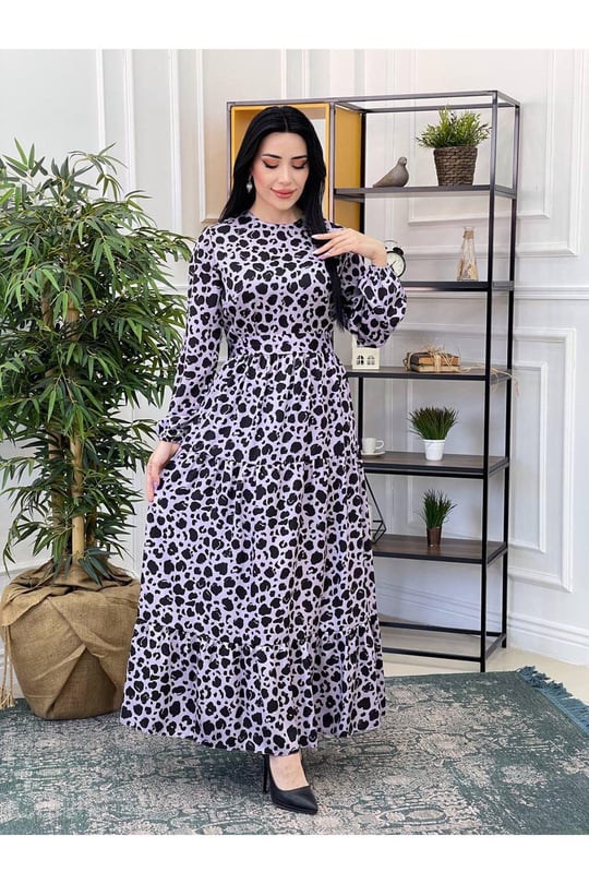 Benekli Saten Elbise 3031-Lila