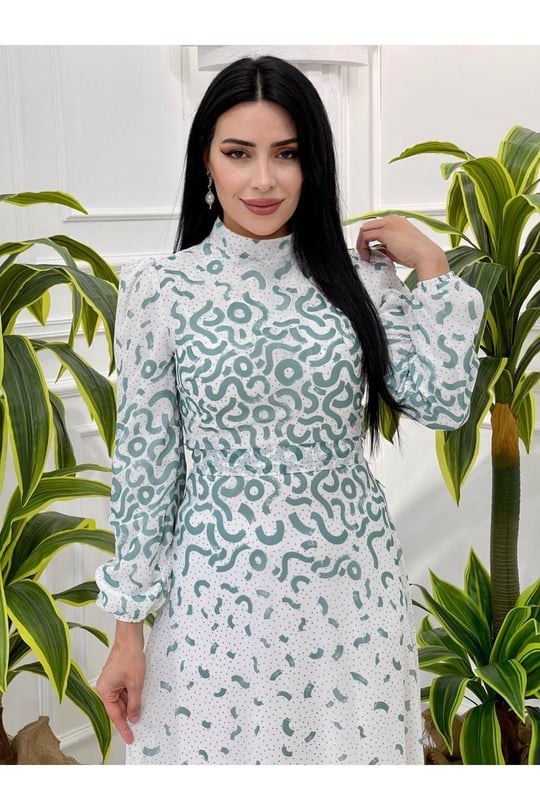 Benekli Şifon Elbise 3946-Beyaz-Mint