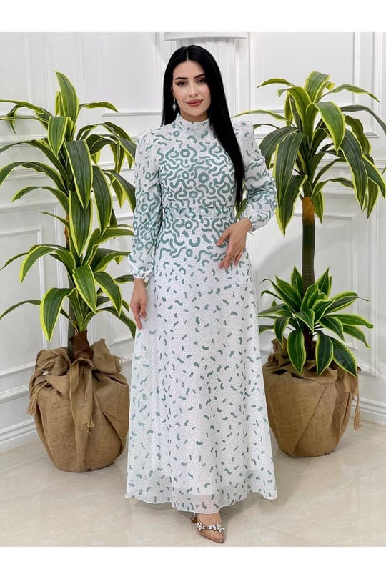 Benekli Şifon Elbise 3946-Beyaz-Mint