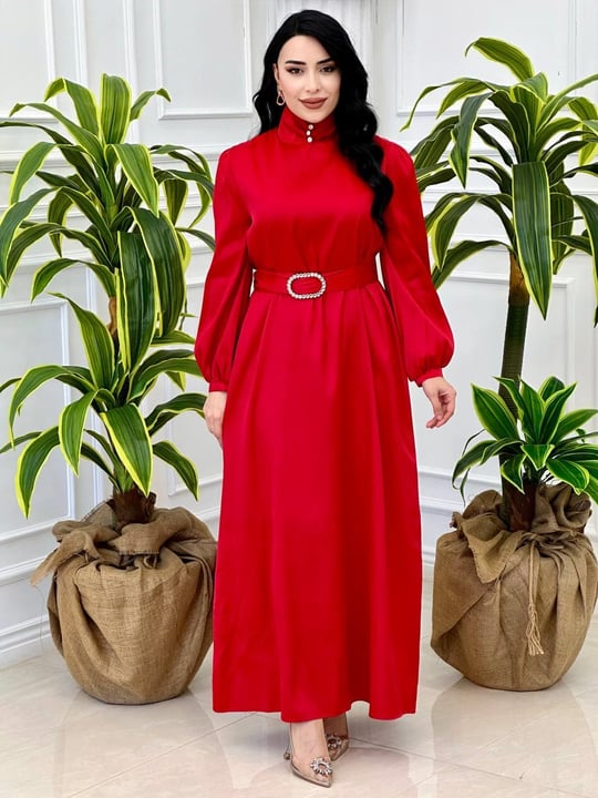 Bogazlı Saten Elbise 3101 T-24 Kırmızı