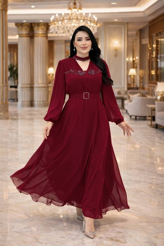 Boncuk Aplik Şifon Elbise 7040 T-26 Bordo