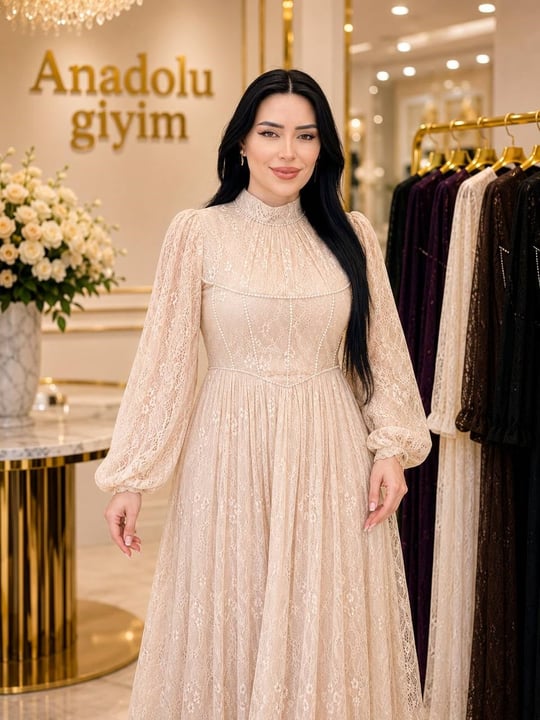 Boncuk Detay Balon Kol Tül Elbise 1807 T-26 Ekru
