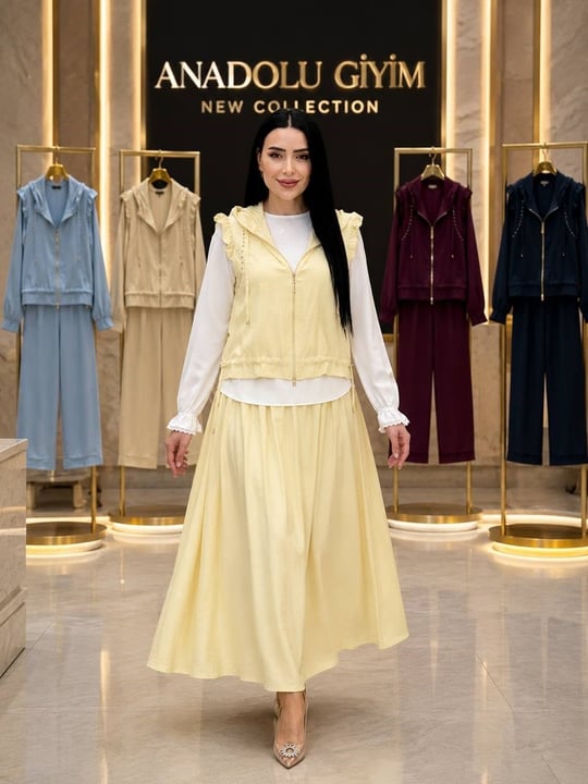 Çakma Taş Kapişonlu Etekli Üçlü Takım 3650 T-26 Sarı