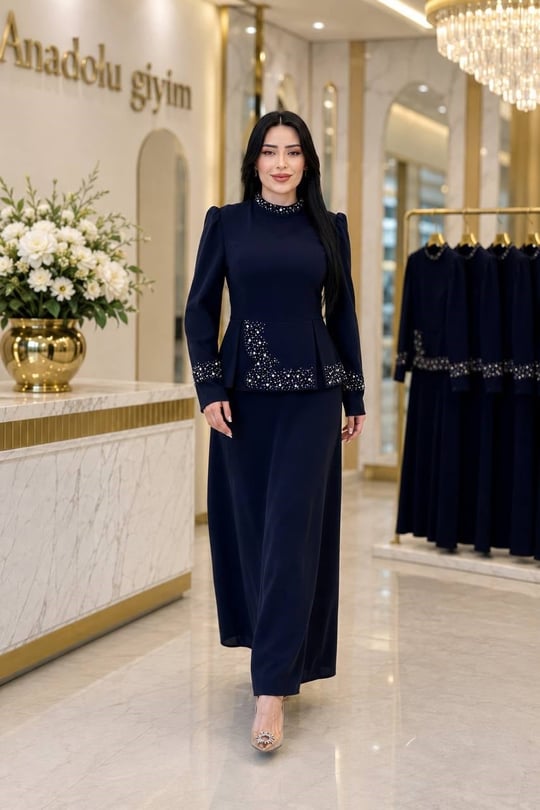 Çakma Taş Takım Görünümlü Elbise 3022 T-26 Lacivert