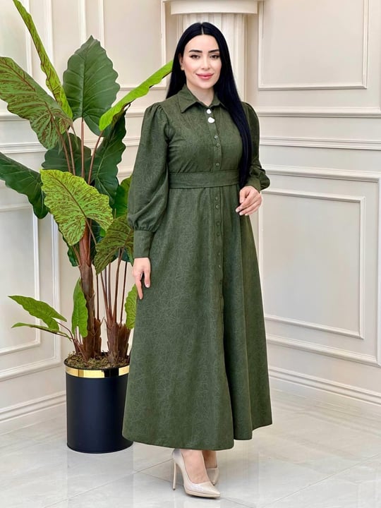 Cam Kırığı Desen Düğmeli Elbise 1780 T-24 Haki