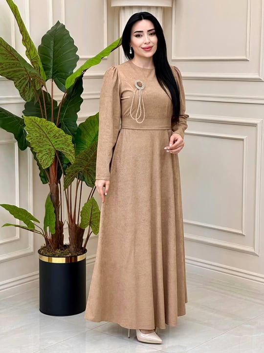 Cam Kırığı Desen Örme Elbise 1781 t-24 Bej