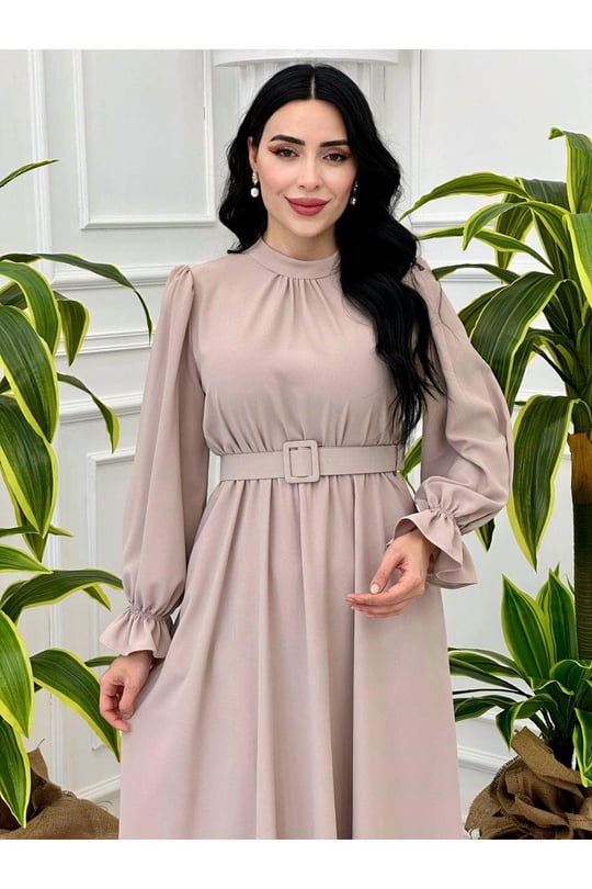Cepli Kemerli  Krep Elbise 9366-Bej