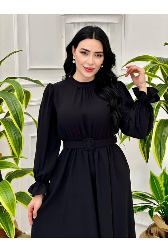 Cepli Kemerli  Krep Elbise 9366-Siyah