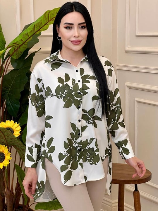 Çiçek Baskı Saten Gömlek 6079 g025 Haki