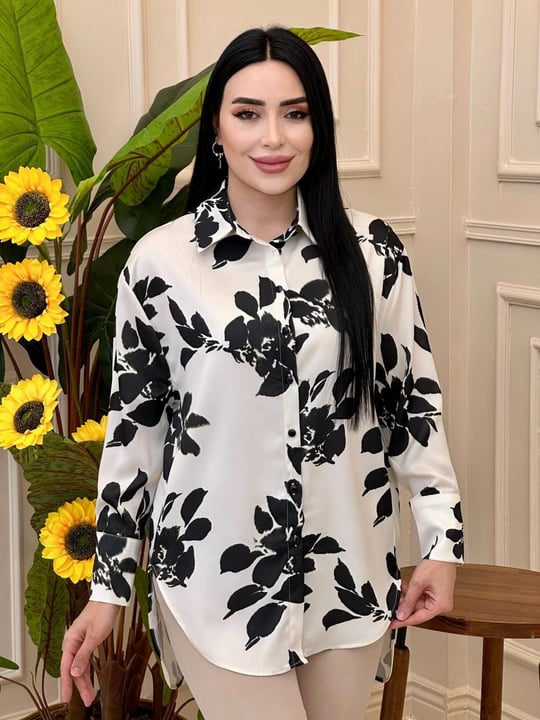 Çiçek Baskı Saten Gömlek 6079 g025 Siyah