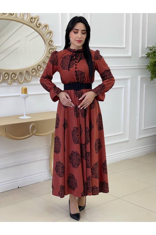 Çiçek Desen Düğmeli Elbise 1245-Kiremit