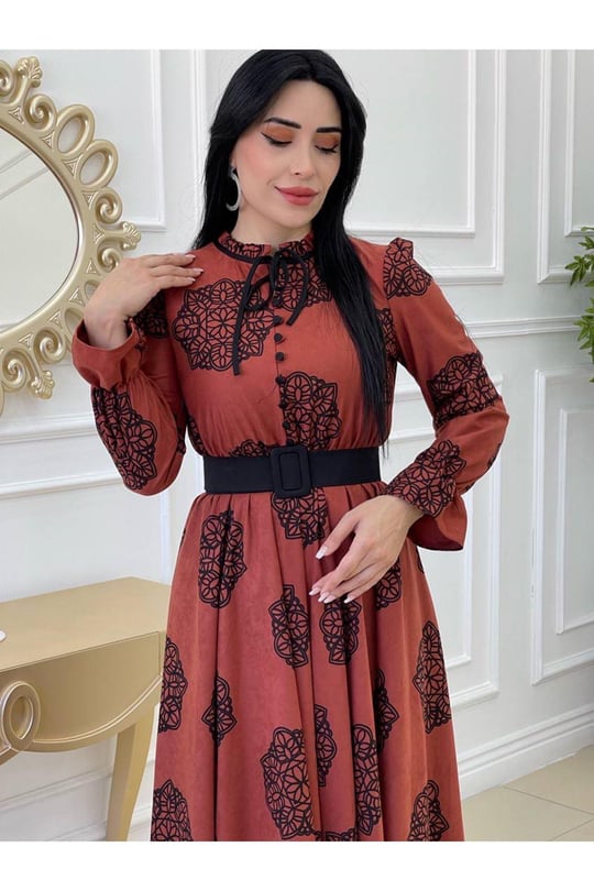 Çiçek Desen Düğmeli Elbise 1245-Kiremit