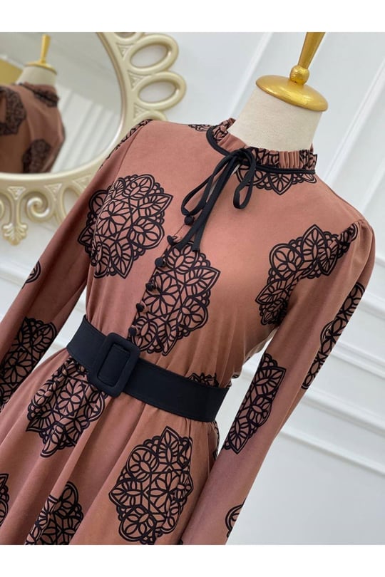 Çiçek Desen Düğmeli Elbise 1245-Rose