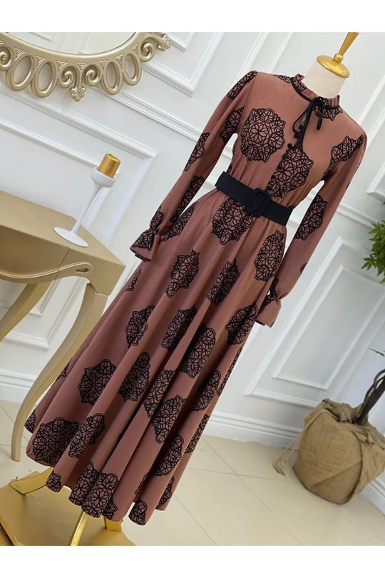 Çiçek Desen Düğmeli Elbise 1245-Rose