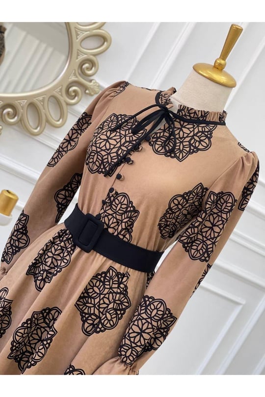 Çiçek Desen Düğmeli Elbise 1245-Vizon