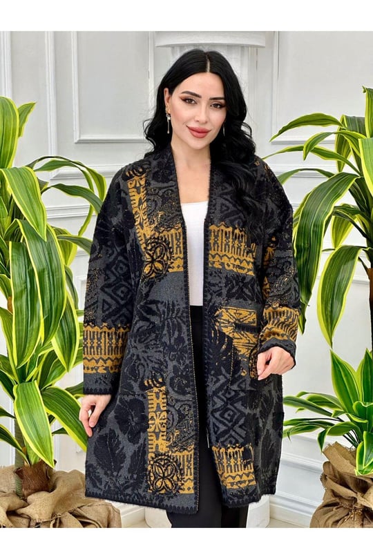 Çiçek Desen Fermuarlı Hırka 026-Gri