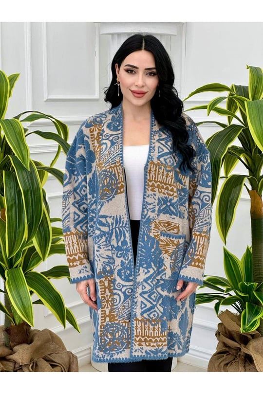 Çiçek Desen Fermuarlı Hırka 026-Mavi