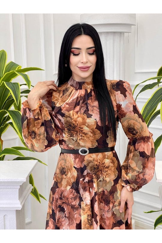 Çiçek Desen Kemerli Elbise 4021-Taba