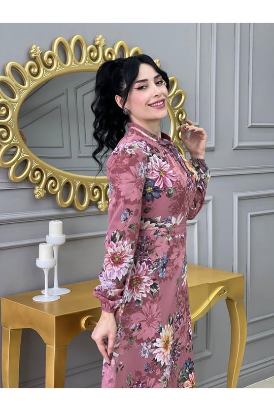 Çiçek Desen Şifon Elbise 3332-Purdra