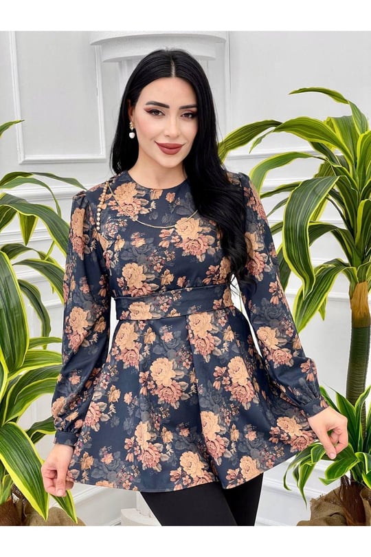 Çiçek Desen Tunik 3076-Petrol