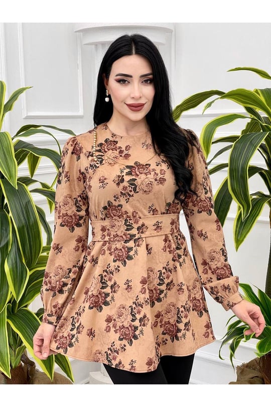 Çiçek Desen Tunik 3076-Vizon