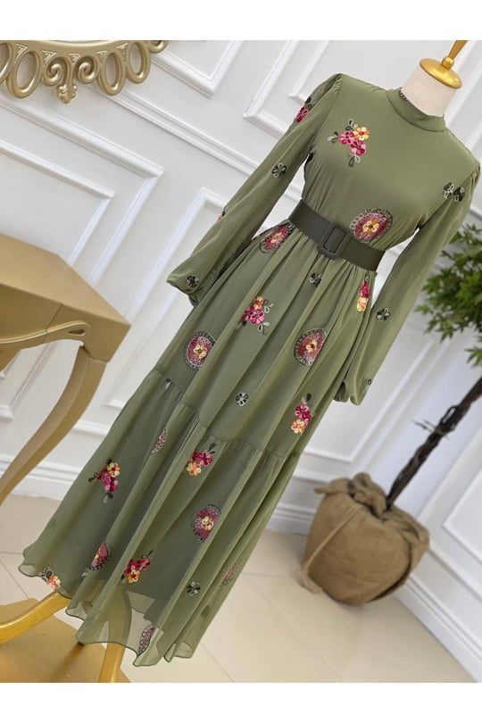 Çiçek Nakış Elbise 1204-Yeşil